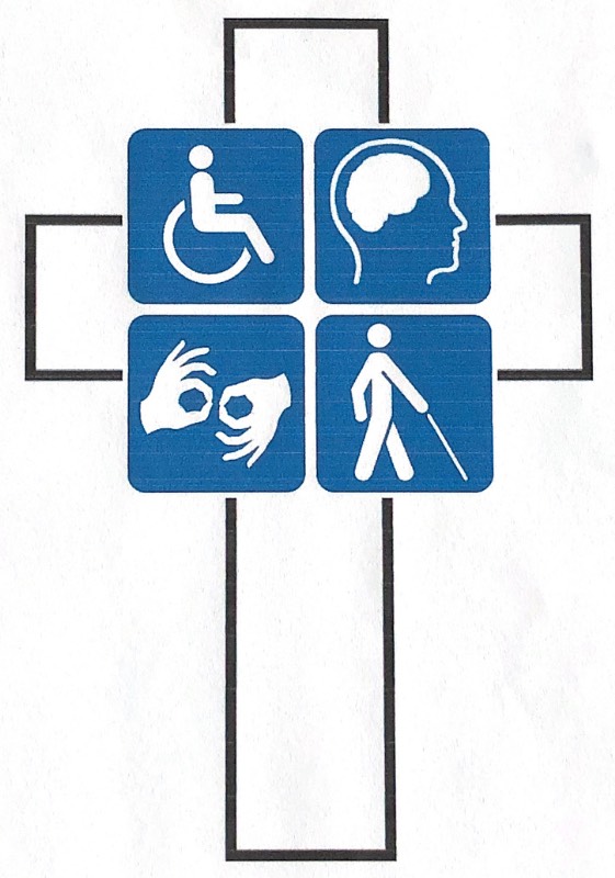 Jabez Ministries logo with cross and handicapped symbol, image of a brain, image of sign language, and image of person with cane